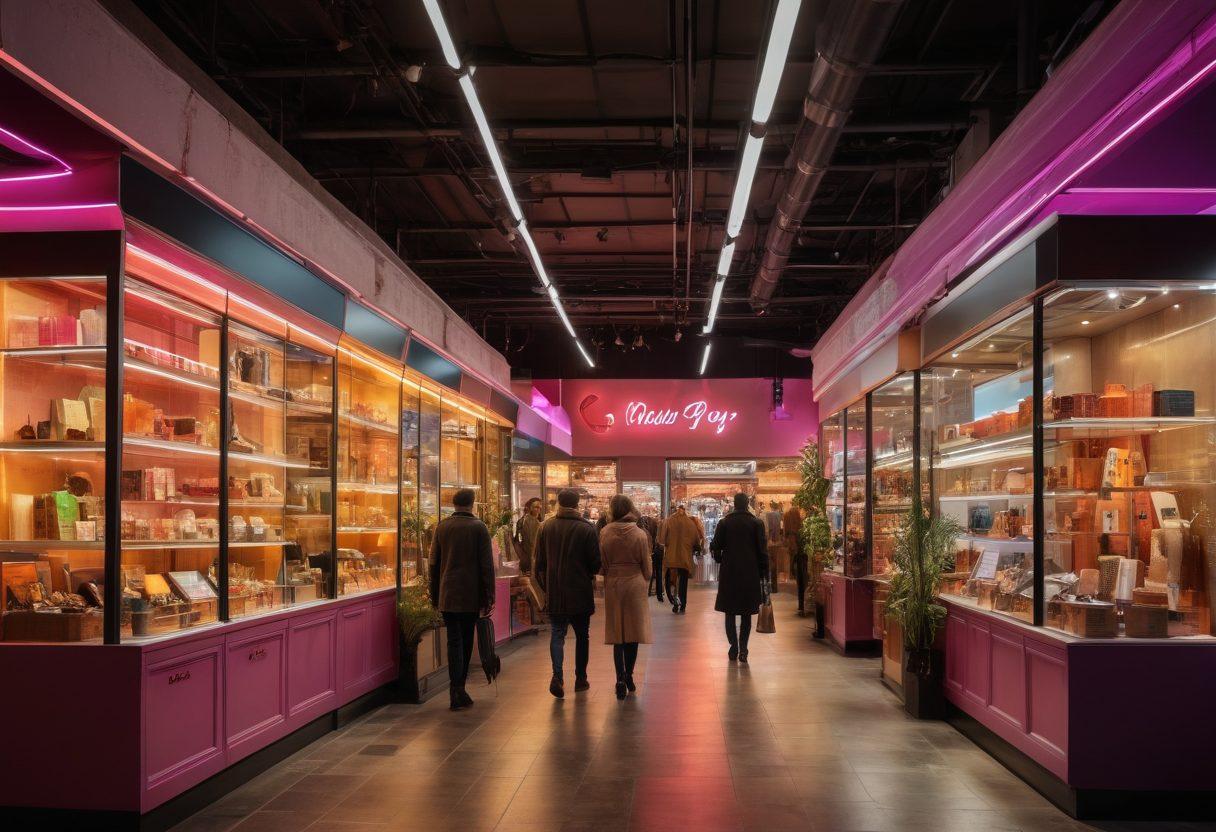 A dynamic split-image illustrating the evolution of retail trading: on one side, traditional shops with vintage decor and customers interacting warmly; on the other side, a futuristic digital marketplace with high-tech features and diverse shoppers exploring on devices. Incorporate vibrant colors to highlight the contrast and transformation between the two worlds. super-realistic. vibrant colors. modern design.