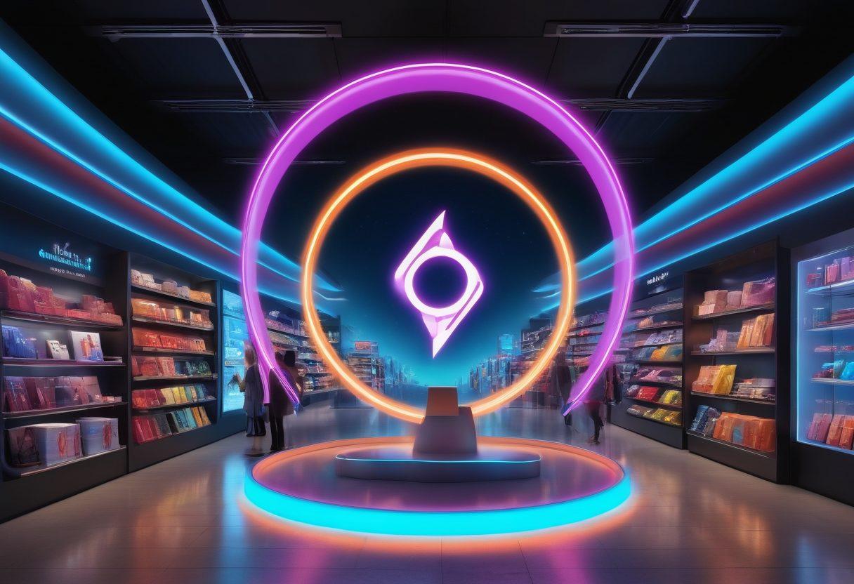 A futuristic online shopping interface showcasing virtual reality elements, with a glowing Mercury symbol at the center. Surrounding the symbol are diverse shoppers engaging with immersive technology, browsing products that float in mid-air. Vibrant colors enhance the sense of innovation and excitement. modern digital art, vibrant colors, sleek design.