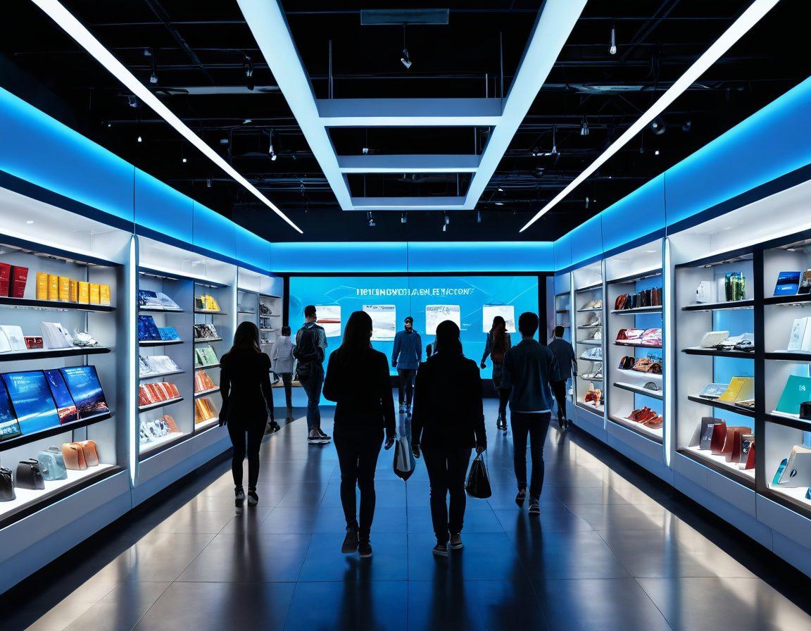 A futuristic marketplace bustling with diverse shoppers engaging in digital commerce, featuring advanced technology like holographic displays and virtual reality interfaces. The scene should showcase a variety of products displayed in a sleek, modern setting with vibrant colors and dynamic energy, emphasizing innovation and transformation in retail. Bright blue and silver tones to signify a tech-forward environment. super-realistic. vibrant colors.